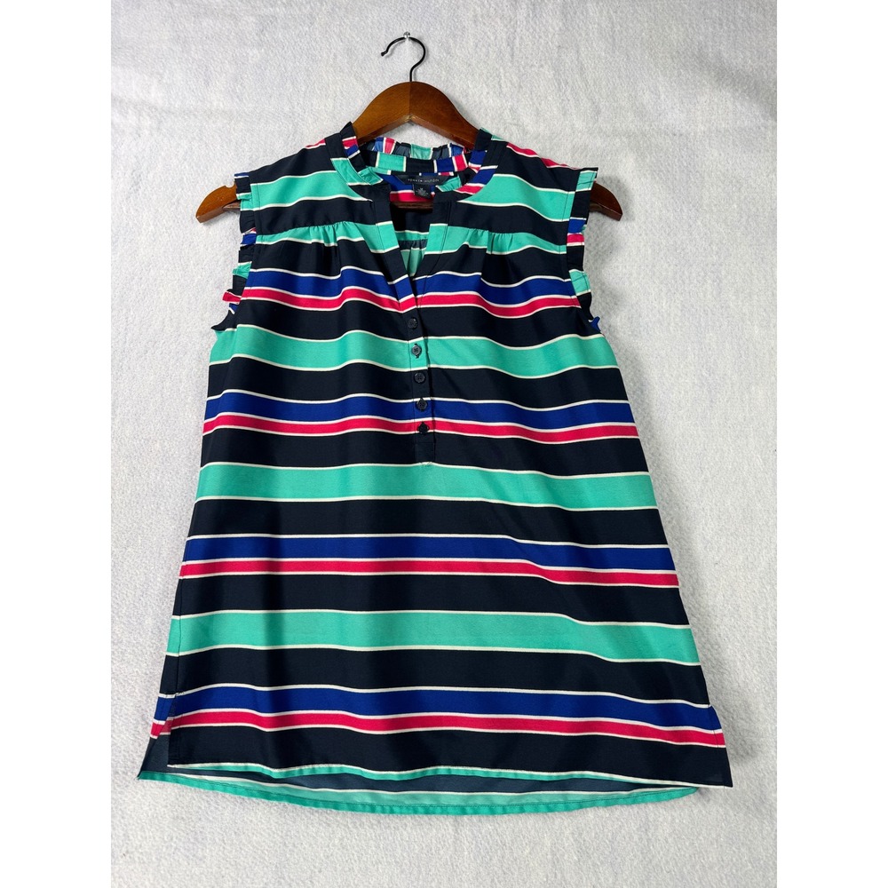 Tommy Hilfiger Sleeveless Striped Blouse Navy Teal Pink Ruffle Neck Medium